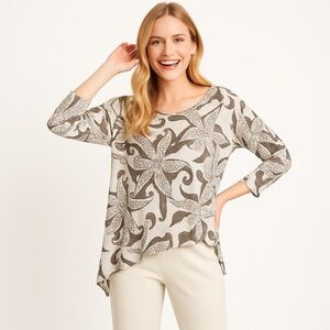 SUN MODA Gray & Cream Starfish Print Asymmetrical 3/4 Sleeve Tunic Top Size S